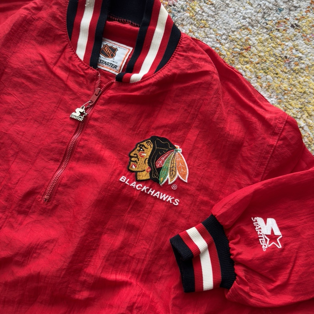 Vintage‎ Chicago Blackhawks Starter Quarter-Zip Windbreaker Jacket Red Size XL